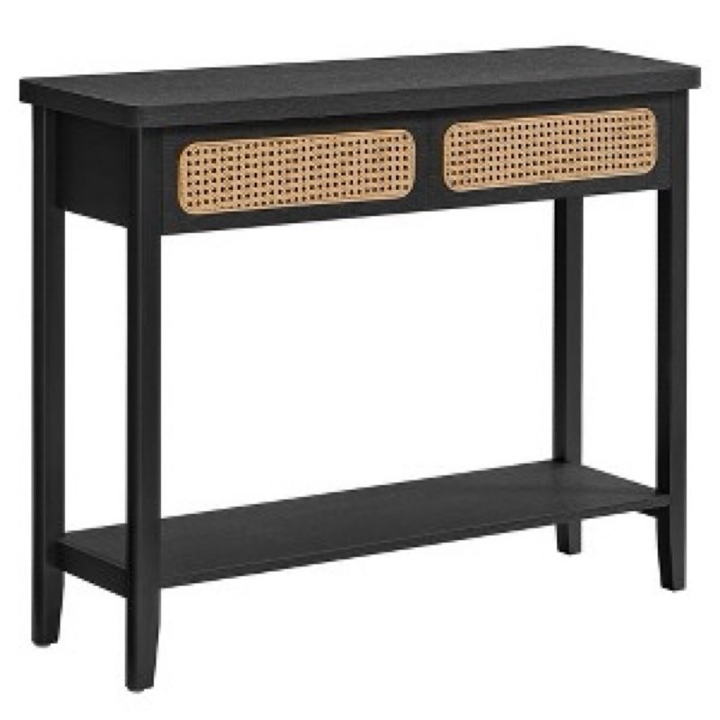 vasagle console sofa table, narrow entryway table, 2 drawers, open storage shelf, rounded corners, f