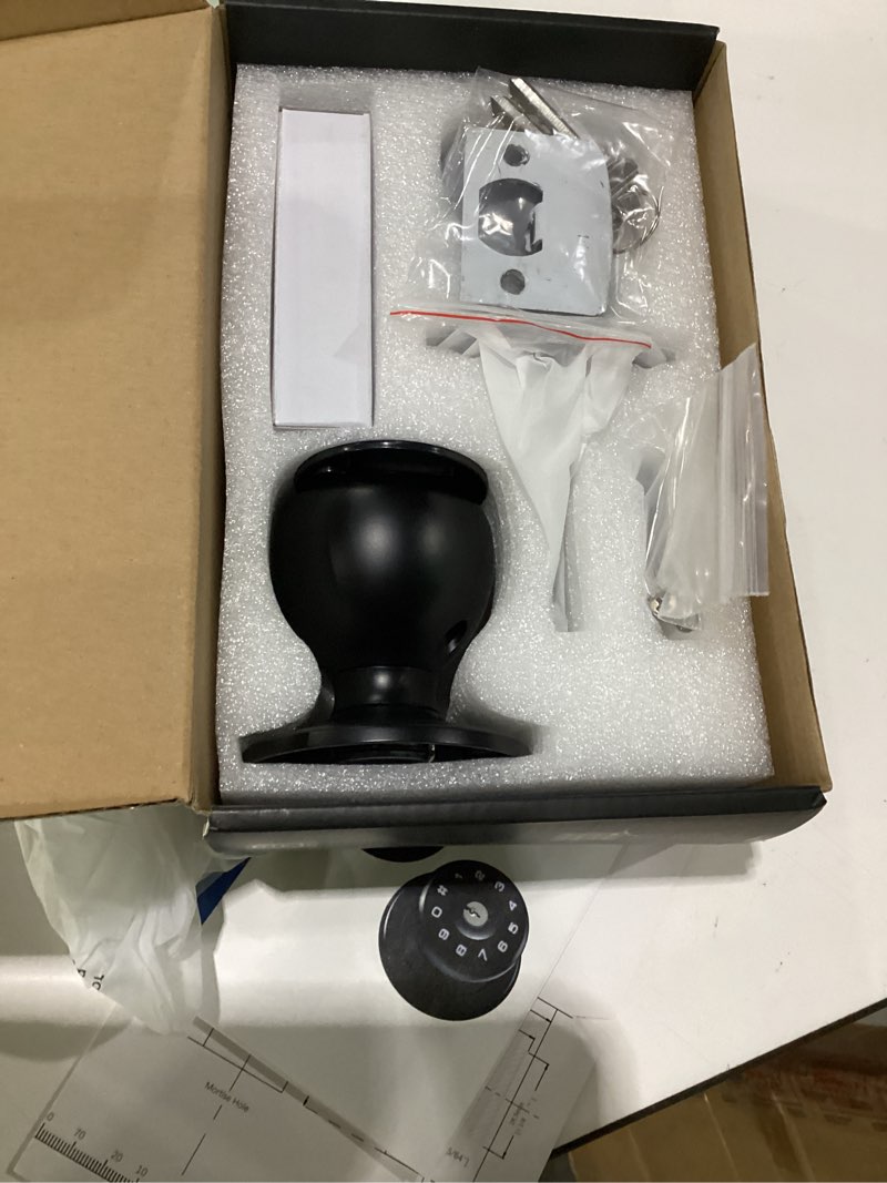 Condition photo showing As Is for fingerprint door lock,4 in 1 smart door knob with keypad code,biometric & app control,auto-lock,keyless entry door locks for bedroom,home,garage,apartment,office,warehouse