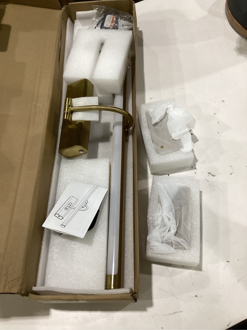Condition photo showing As Is for 24" picture frame light with 1pcs extra 8000mah battery - brass cordless rechargeable wall sconce with remote for office, hallway & large art brass 24 inch (1 extra battery) 1
