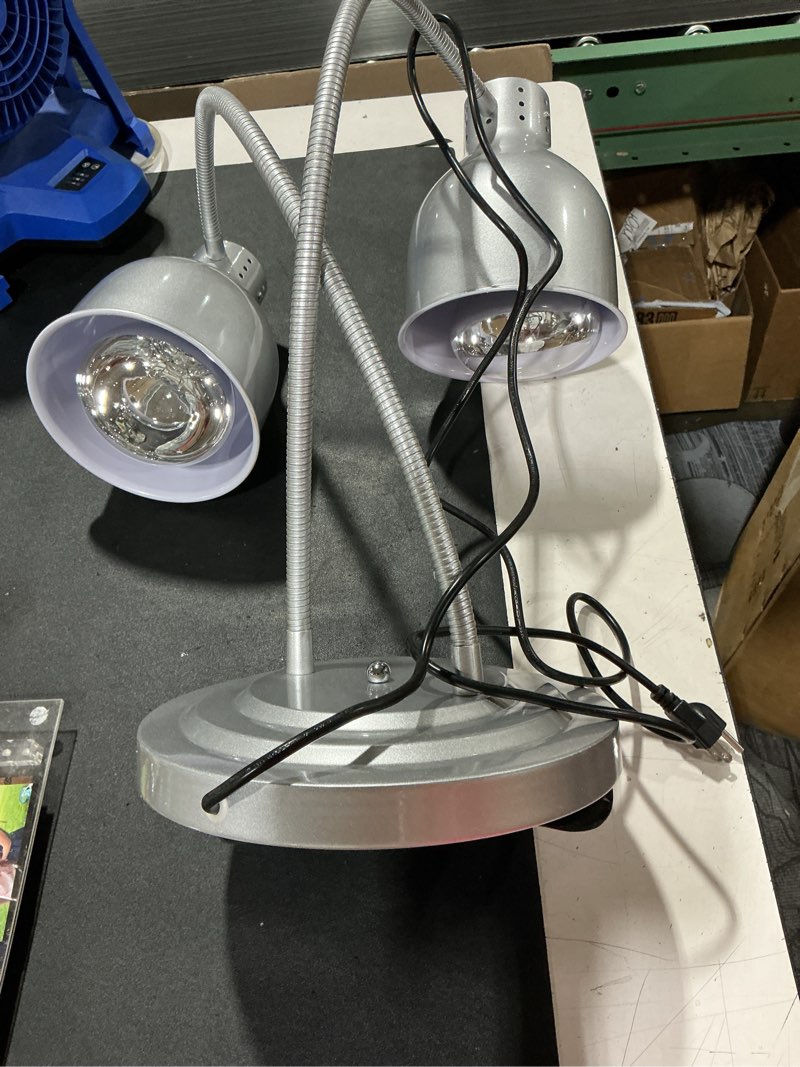 Condition photo showing Good Condition for food heat lamp, 500w commercial food warmer lamp, rapid & stable heating 2-head electric heat lamp for buffet, parties, catering, restaurant, kitchen, home (painted silver)