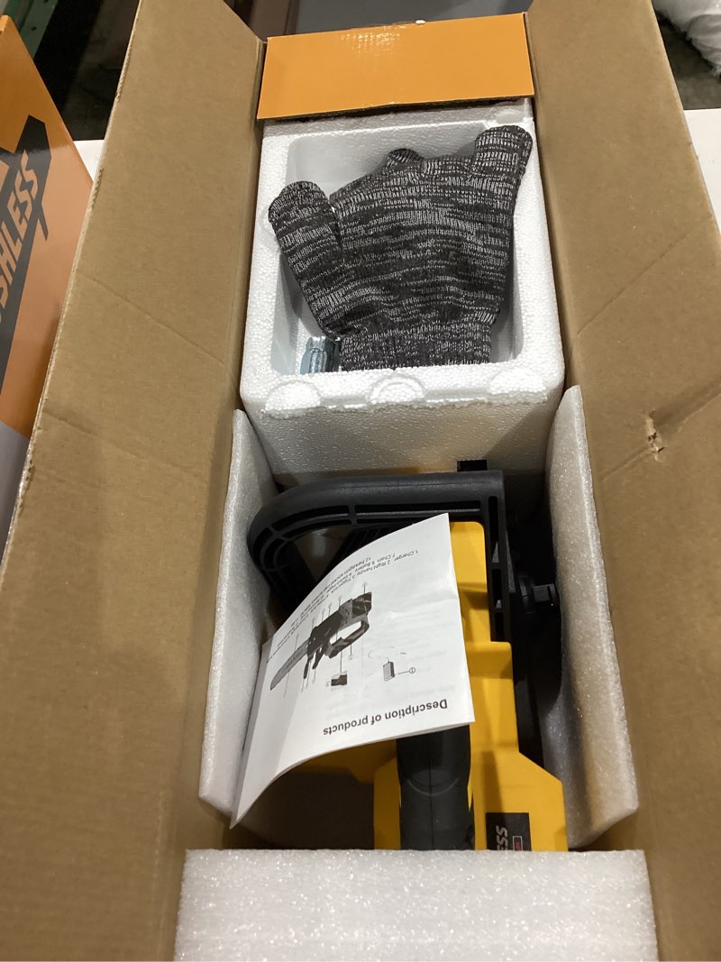 Condition photo showing Good Condition for 12-inch cordless electric brushless chainsaw compatible with dewalt 18-20v batteries, high-power 20v cordless chainsaw for wood cutting, tree trimming and yard garden maintenance(no battery included) yellow