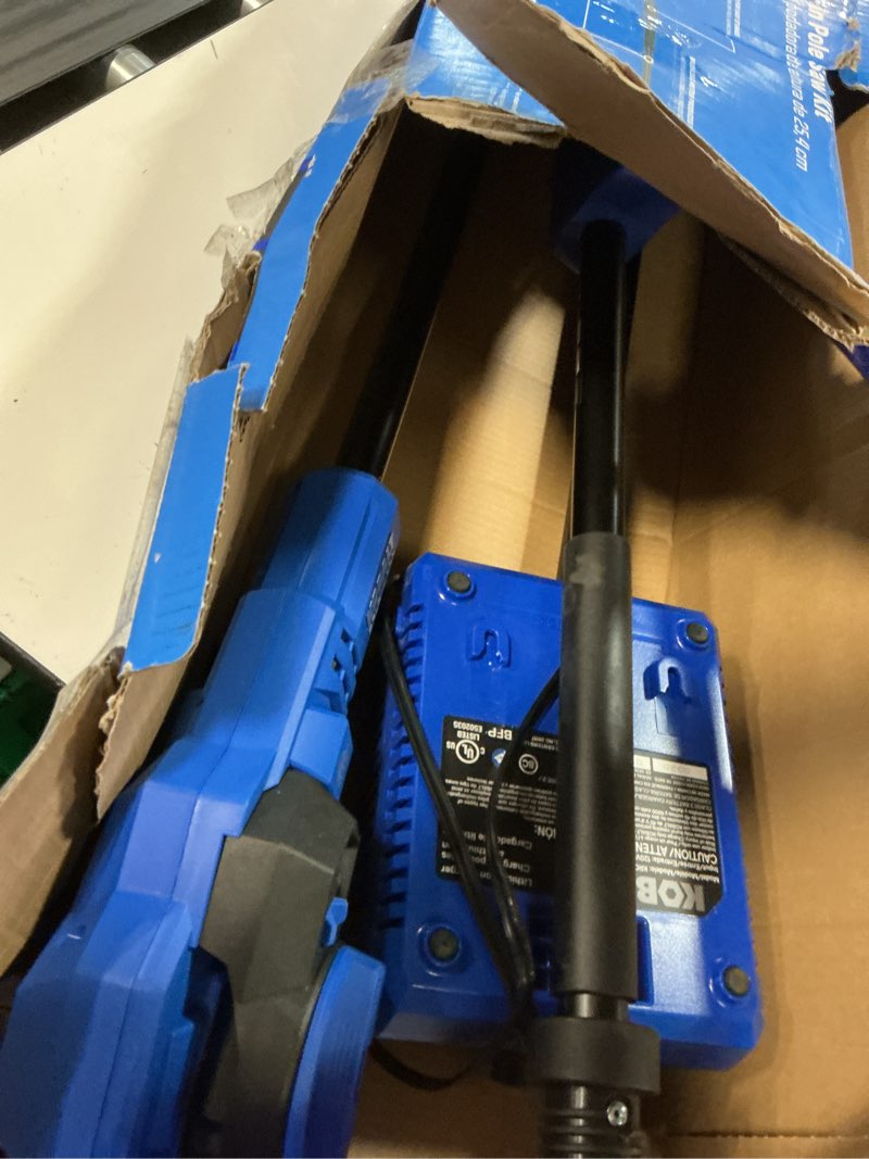 Condition photo showing As Is for kobalt gen4 40-volt 10-in 2 ah battery pole saw (battery and charger included)