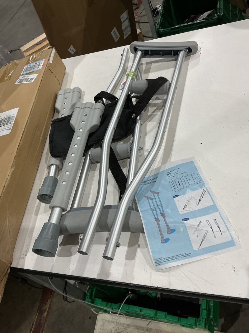 Condition photo showing Good Condition for bodymed aluminum crutches for adults and children – pair of lightweight, height adjustable crutches – includes padded underarm cushions, hand grips, & rubber tips – max. weight capacity 300 lb.