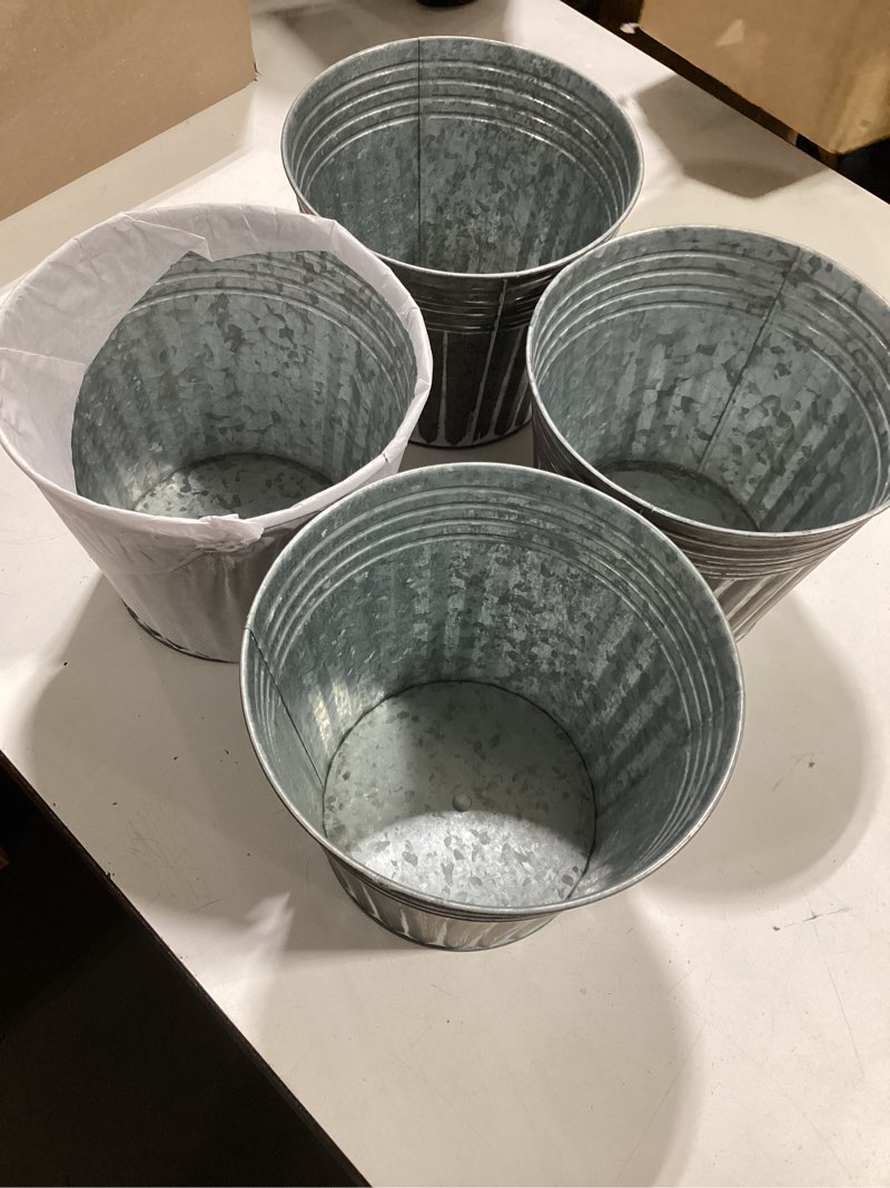 Condition photo showing Good Condition for vensovo 8 inches silver metal rustic plant pots - 4 pcs large galvanized planters with drain hole and rubber plug, rustproof tin bucket flowerpot for indoor plants farmhouse vintage style for decor 4 8 inch