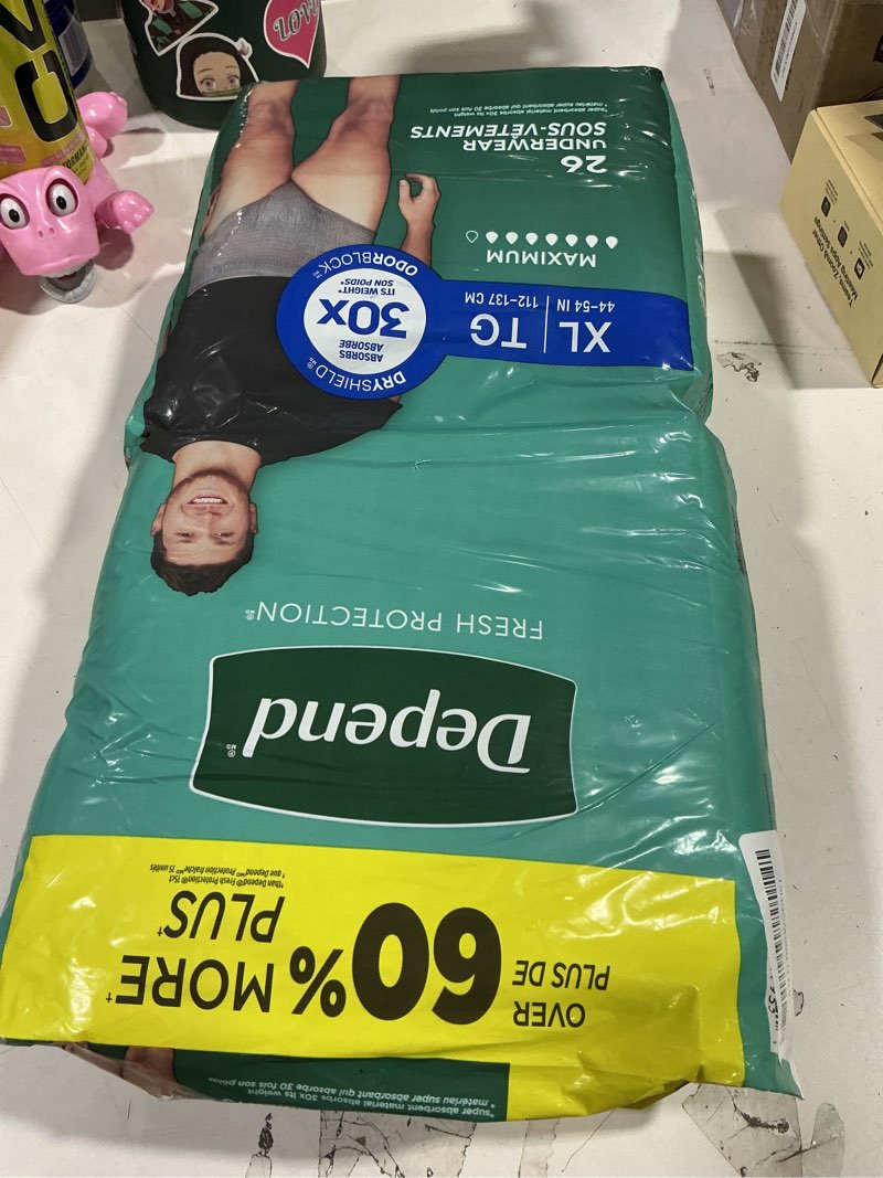 Condition photo showing New/Like New for Depend Fresh Protection Adult Diapers, Incontinence Underwear for Men, Disposable, Maximum, Extra-Large, Grey, 26 Count, Packaging May Vary X-Large 26