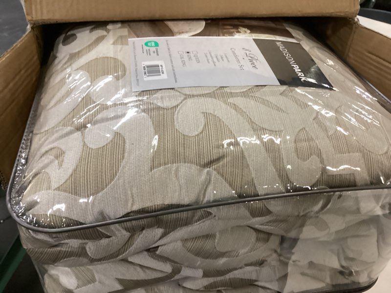 Condition photo showing New/Like New for Madison Park Odette Cozy Comforter Set Jacquard Damask Medallion Design - Modern All Season, Down Alternative Bedding, Shams, Decorative Pillow, King(104 in x 92 in), Tan 8 Piece Tan/Ivory King (104 in x 92 in)
