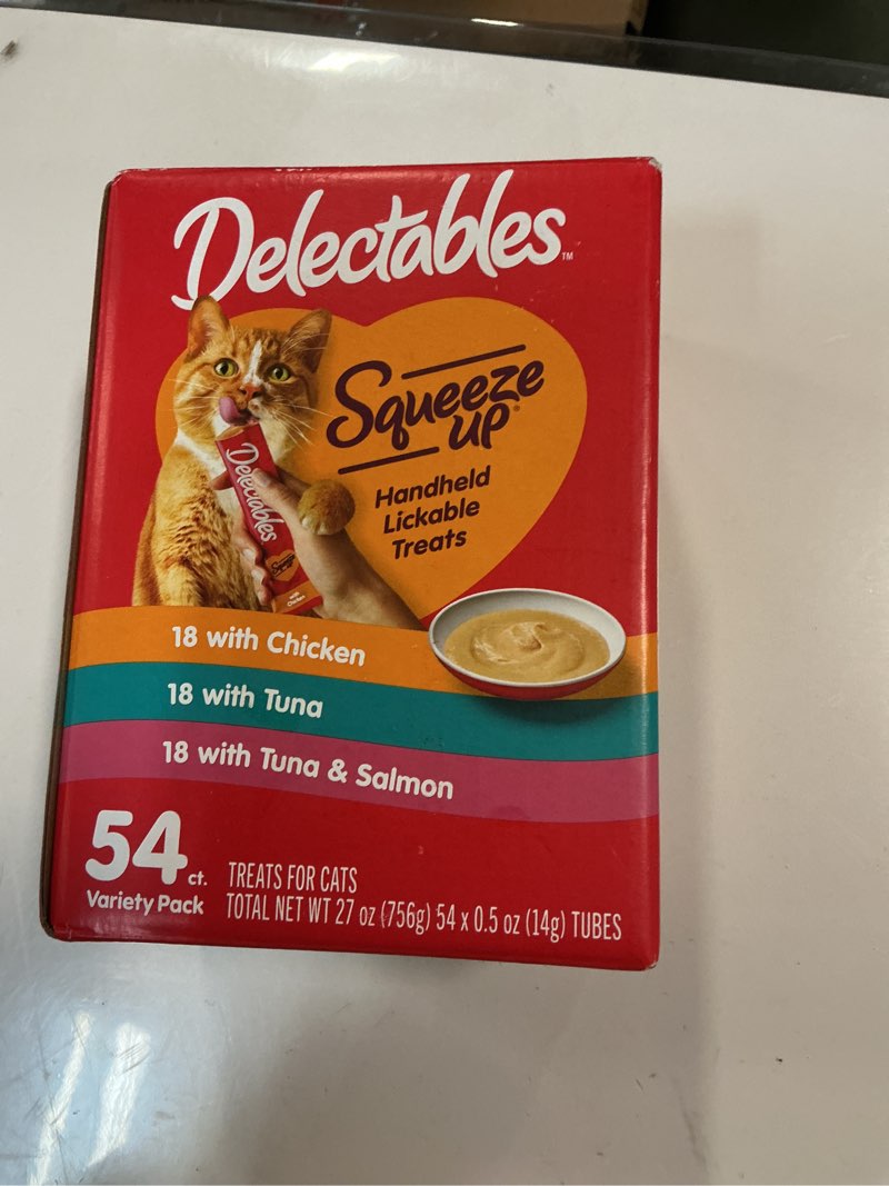 Condition photo showing New/Like New for (Best by:Sep/14/2026) Delectables Squeeze Up Handheld Lickable Treats, Chicken, (Tuna and Tuna and Salmon) 54 Count 0.5 Ounce (Pack of 54)