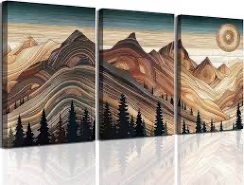 LOXXRGT 3Pcs Abstract Sun Mountain Canvas Wall Art Nature Woodcut Style Landscape Poster Prints Wall Decor Pictures Forest Nature Wilderness Paintings Home Decoration for Living Room Bedroom