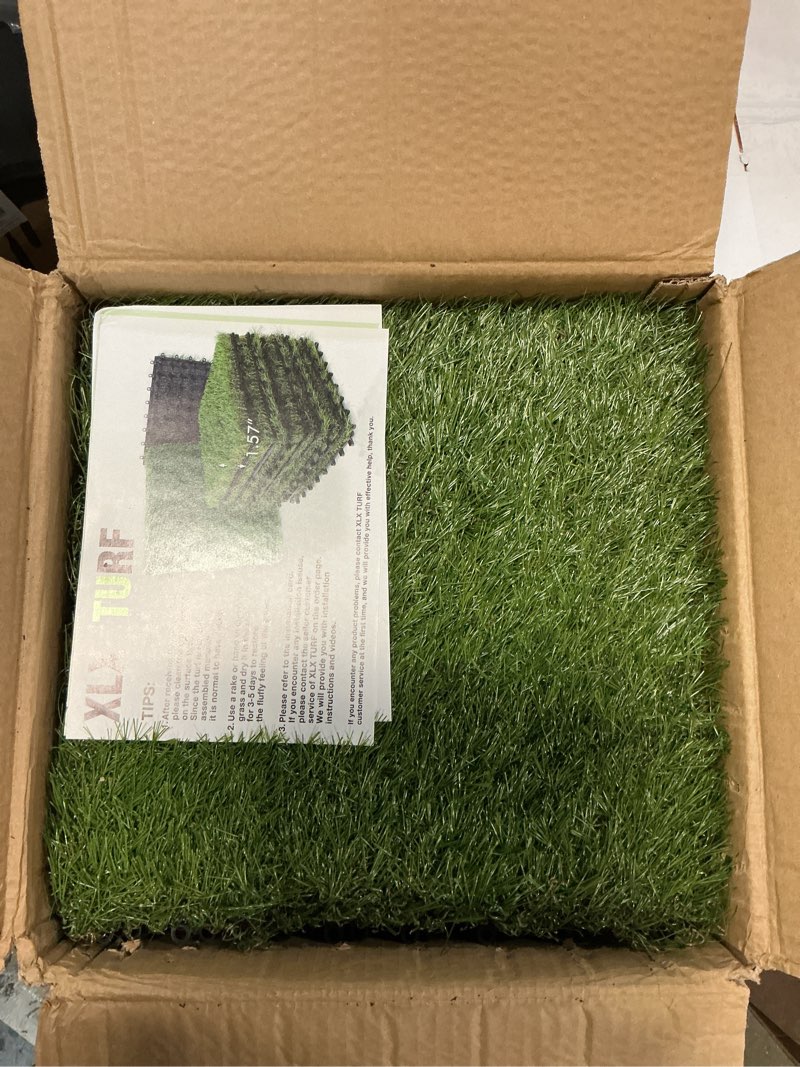Condition photo showing Good Condition for XLX TURF Artificial Grass Turf Tiles Interlocking Set 27 Pieces, Square Fake Grass Tiles Self-draining for Pet Dogs Kennel Indoor/Outdoor Flooring Decor, 12"x12", 8 Buckle Systerm 12"x12"/27 Piece 8 Buckle Lock Tile-Green