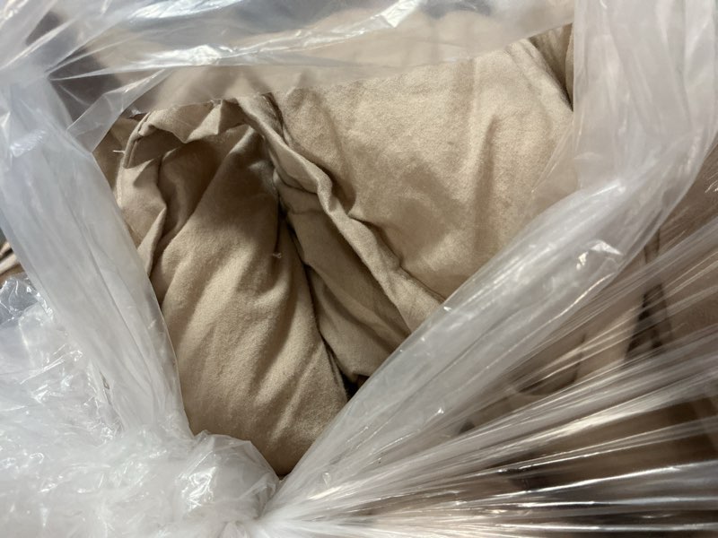 Condition photo showing As Is for cotton pintuck comforter, king/cal king, toffee