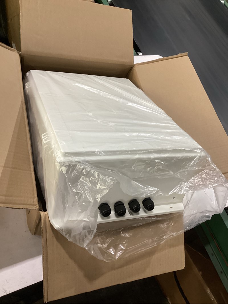 Condition photo showing New/Like New for namunanee outdoor electrical junction box with high power outlet, abs water resistant enclosure with internal mounting panel & hinged cover. (18.1" h* 12.6" l* 6.3" w & outlet) 18.1"h x 12.6"l x 6.3"w & outlet