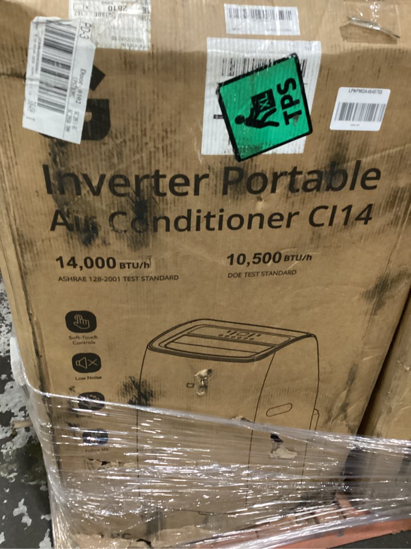 Condition photo showing As Is for 14000btu inverter dual hose portable air conditioner with heater, dehumidifier & fan, energy-saving, low noise(42db), floor ac unit with remote & 24h timer, cools up to 750 sq. ft bedroom office