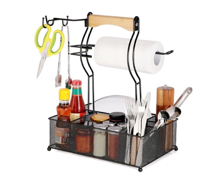 Grill Utensil Caddy (Black), Picnic Condiment Caddy, BBQ Organizer, 13.58” x17.52”, Mesh Basker with Hooks and Paper Towel Holder, Ideal Table Storage Tool