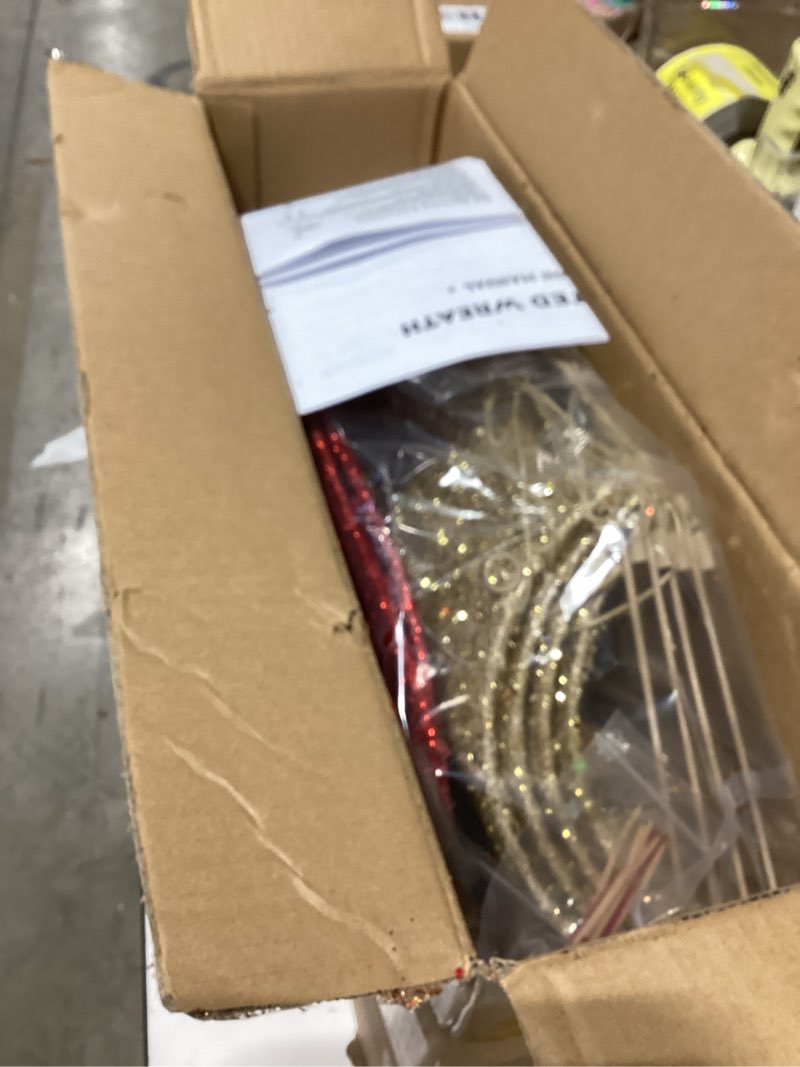 Condition photo showing As Is for 30 Inch Pre-lit Christmas Wreath, LED Outdoor Decoration w/ 100 Lights, Lighted Christmas Wreath for Christmas Home Wall Door Decoration Bow (Gold)