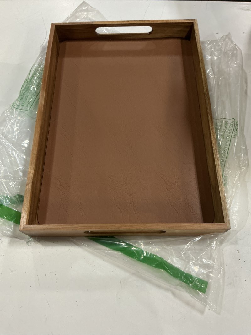 Condition photo showing Good Condition for 17 x 12 inch acacia wood large serving tray with handles | multi-use tray for coffee table, ottoman, bed breakfast, included free leather mat walnut 17" x 12" x 2"