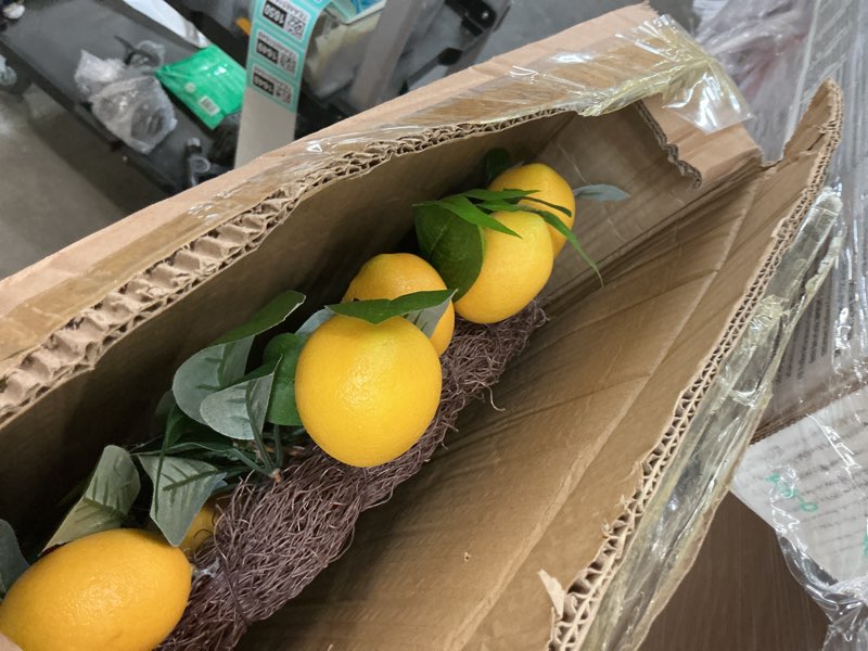 Condition photo showing As Is for lemon wreath - yellow lemon with artificial green leaves wreath for home holiday front door decor (20inch)