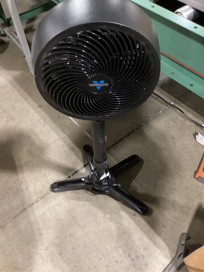 Condition photo showing As Is for vornado 9-in high velocity indoor pedestal fan, in black