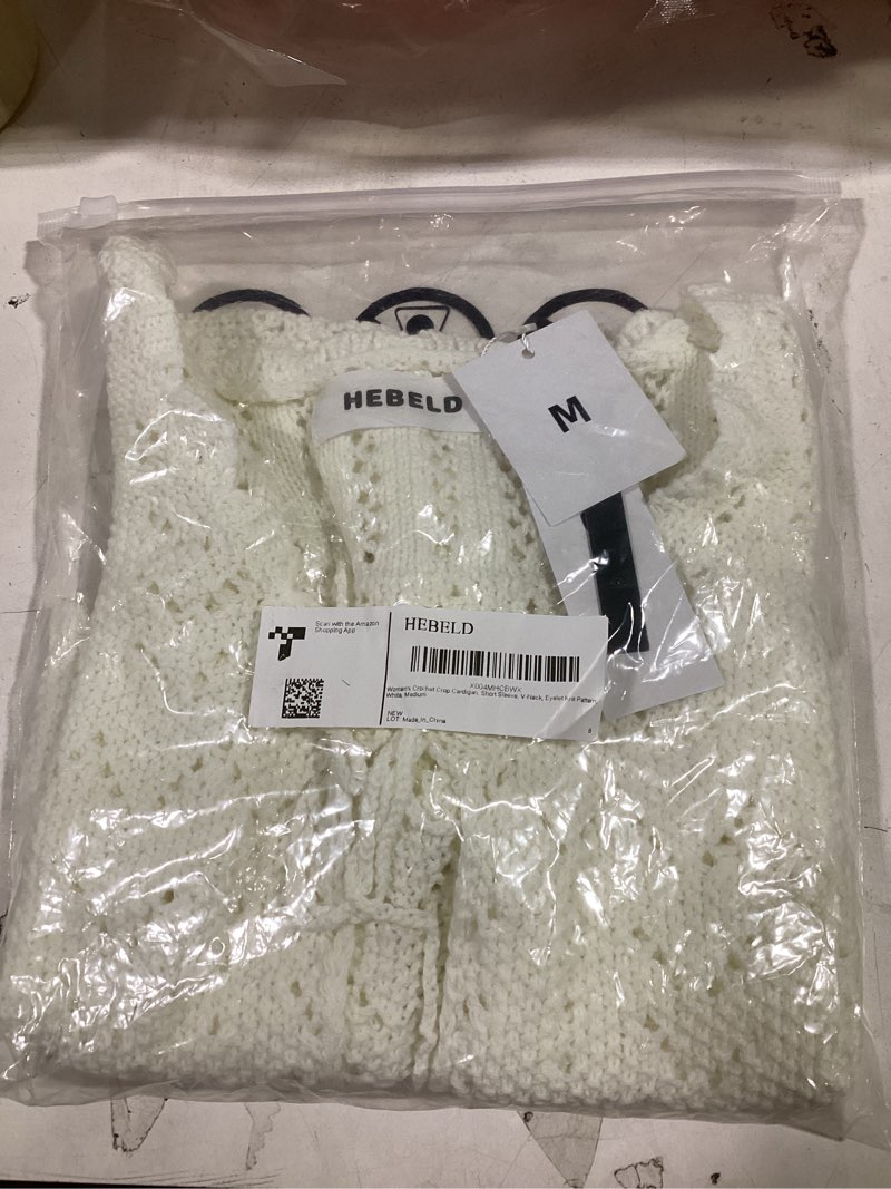 Condition photo showing New/Like New for Women’s Summer Short Sleeve Cropped Crochet Cardigan Tie Front Open Knit Bolero Shrug Lightweight for Casual Beach Vacation Medium White