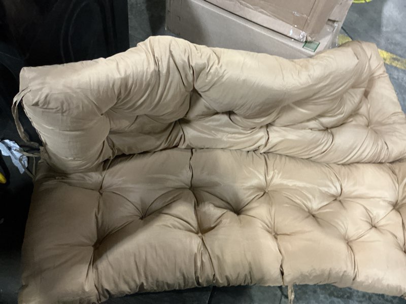 Condition photo showing Good Condition for waterproof porch swing cushion replacement, thick 4" 2–3 seat outdoor swing seat cushion with backrest & ties for patio, garden & porch(beige 40 * 47 in) beige 40 x 47 in