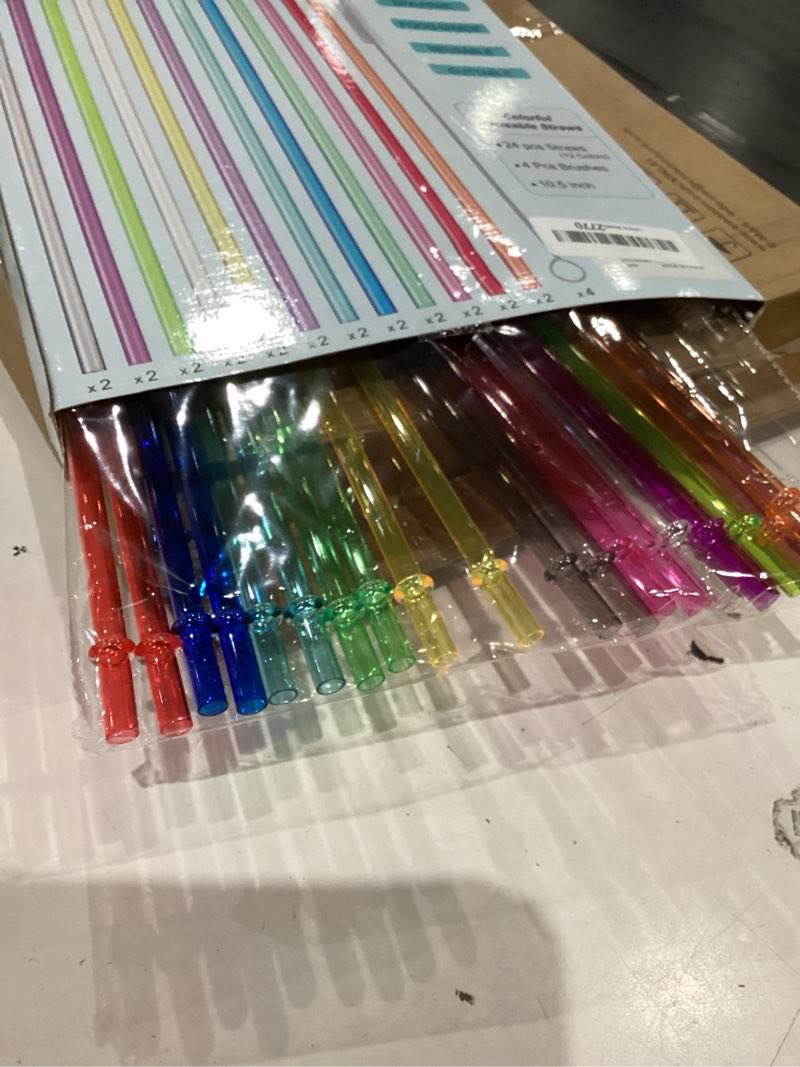 Condition photo showing As Is for 24 pcs, reusable straws with 4 brushes, 10.5" long tritan hard plastic straws, 12 colors translucent replacement drinking for 16oz-32 oz tumblers, cups, jars, stanley, yeti, starbucks, bpa free multicolor