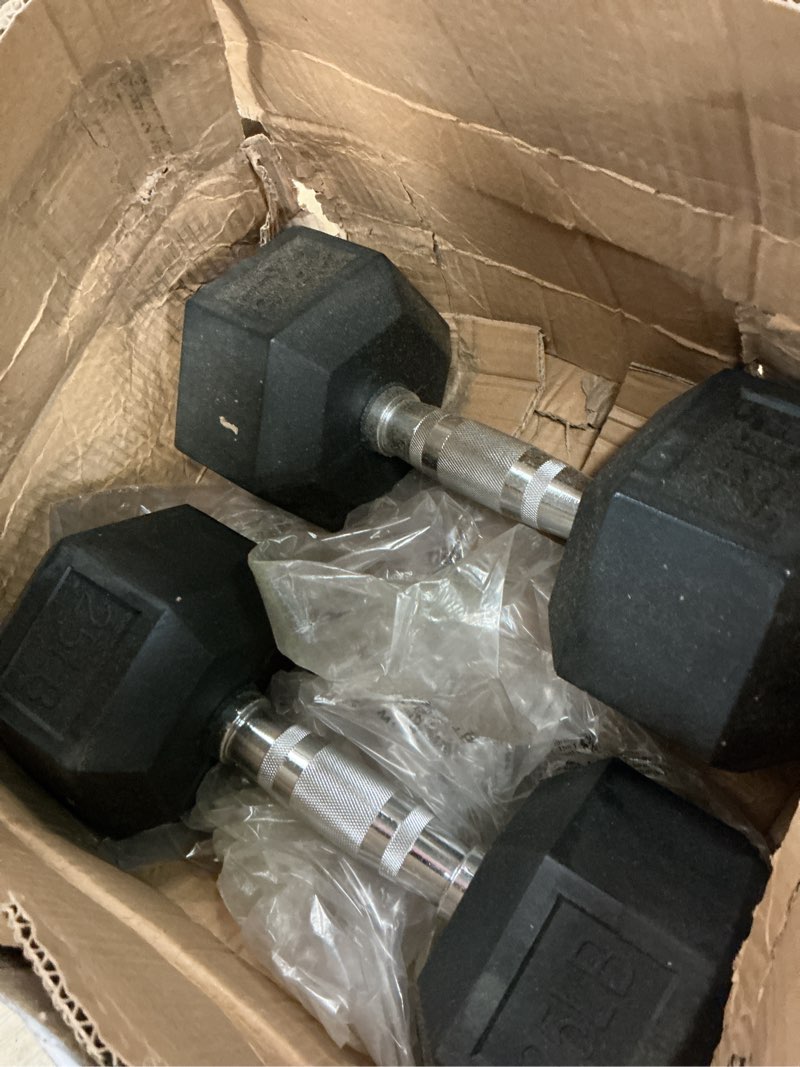 Condition photo showing As Is for Fitvids Rubber Coated Hex Dumbbell Weight Set and Storage Rack, 100LB Set or 150LB Set, 5-20 lbs Pairs or 5-25 lbs Pairs Dumbbell + A-Rack: 150LB (5-25lbs Pairs)(incomplete 25lb set only)