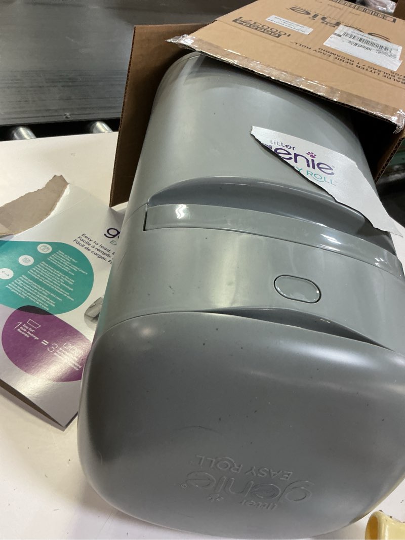 Condition photo showing As Is for litter genie easy roll pail, cat litter disposal system, ultimate odor control, effortless cleaning, includes 1 refill with 12 bags (3 months)