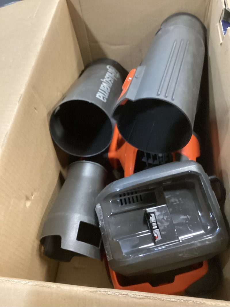 Condition photo showing As Is for Husqvarna Leaf Blaster 350iB Battery Powered Cordless Leaf Blower, 200-MPH 800-CFM Blower with Brushless Motor and Quiet Operation, 40V Lithium-Ion 7.5 Ah Battery and Charger Included, 970569904