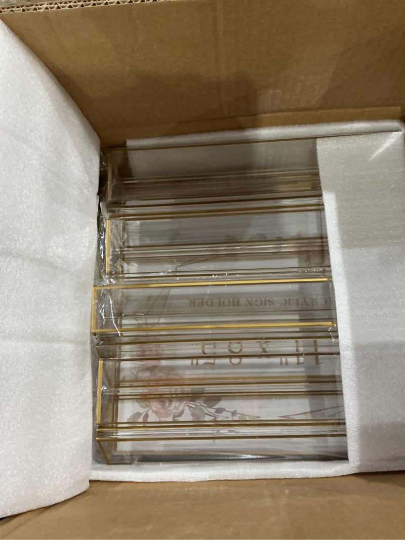 Condition photo showing Good Condition for ehwine 8 pack acrylic sign holder 8.5 x 11 horizontal, double-sided stand up table top sign holders, gold acrylic picture frame menu flyer paper holder display stand for office business store wedding party 8 pack 11×8.5 inch