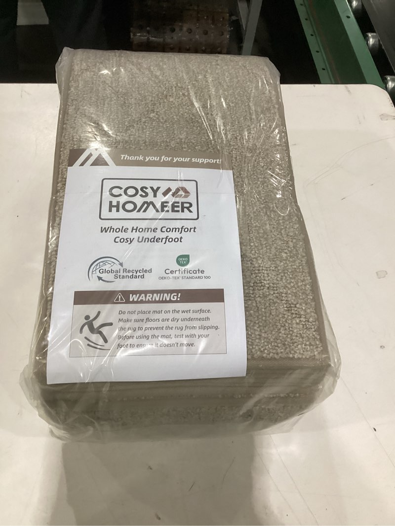 Condition photo showing New/Like New for cosy homeer edging stair treads non-slip carpet mat 28inx9in indoor stair runners for wooden steps, edging stair rugs for kids and dogs, 100% polyester tpe backing (15pc, beige) beige 28 x 9 inches (15 pieces)