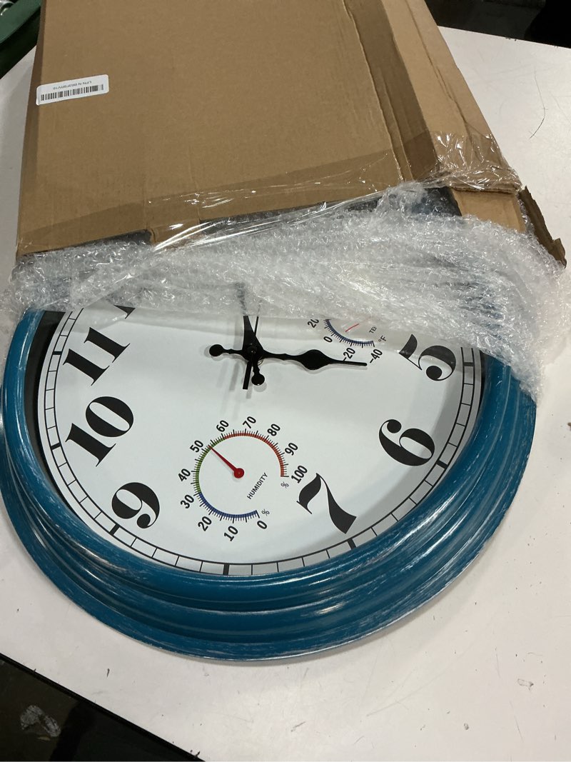 Condition photo showing Good Condition for jenlystime 16 inch blue vintage waterproof indoor/outdoor wall clock with thermometer & hygrometer, large numerals & silent sweep movement - ideal for porch, garden, pool, bathroom 16 blue