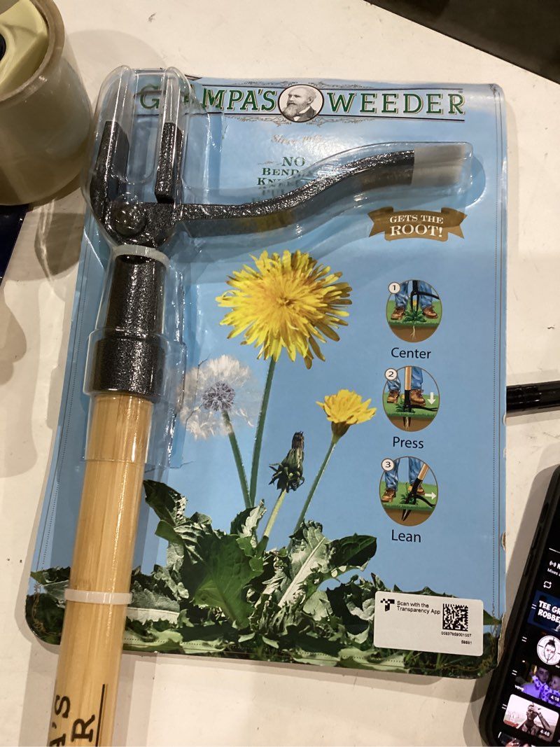Condition photo showing New/Like New for grampa s weeder - the original stand up weed puller tool with long handle - made with 4-claw steel head design - easily remove weeds without bending  pulling  or kneeling