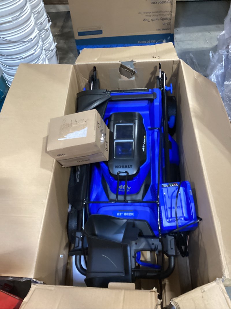 Condition photo showing As Is for kobalt 40-volt 21-in brushless battery push lawn mower 6 ah (battery and charger included)
