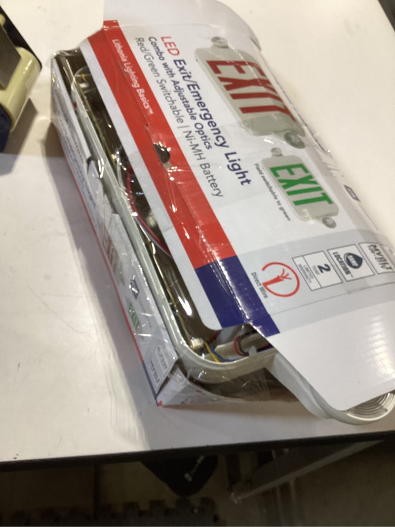 Condition photo showing As Is for Lithonia Lighting RD M6 ECRG LED Emergency Light/Exit Combo Red/Green switchable, Round Lamp Heads, White (B08Y4SSB8P)