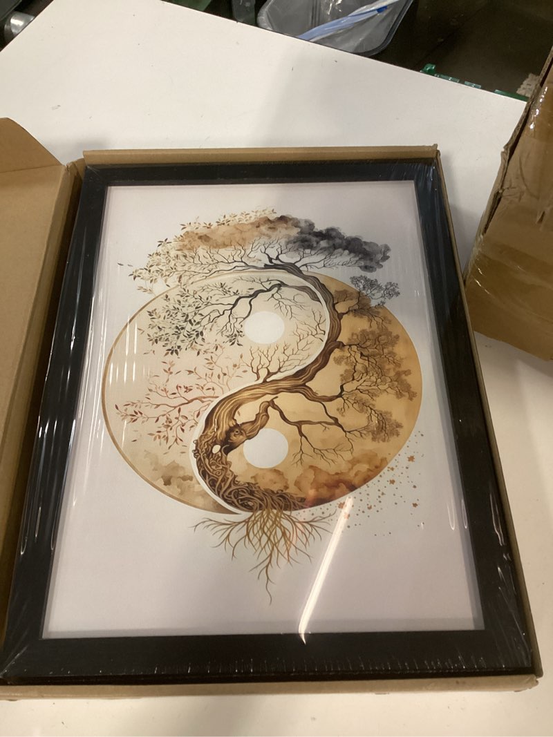 Condition photo showing New/Like New for Wood Frame Tree of Life Wall Art Set of 3, Modern Gold Lotus Zen Canvas Wall Decor Paintings, Abstract Yin Yang Artwork Poster Print for Living Room Yoga Room Bedroom Home Decor 12x16Inch Black Framed Golden Tree of Life Black Frame 12x16Inch