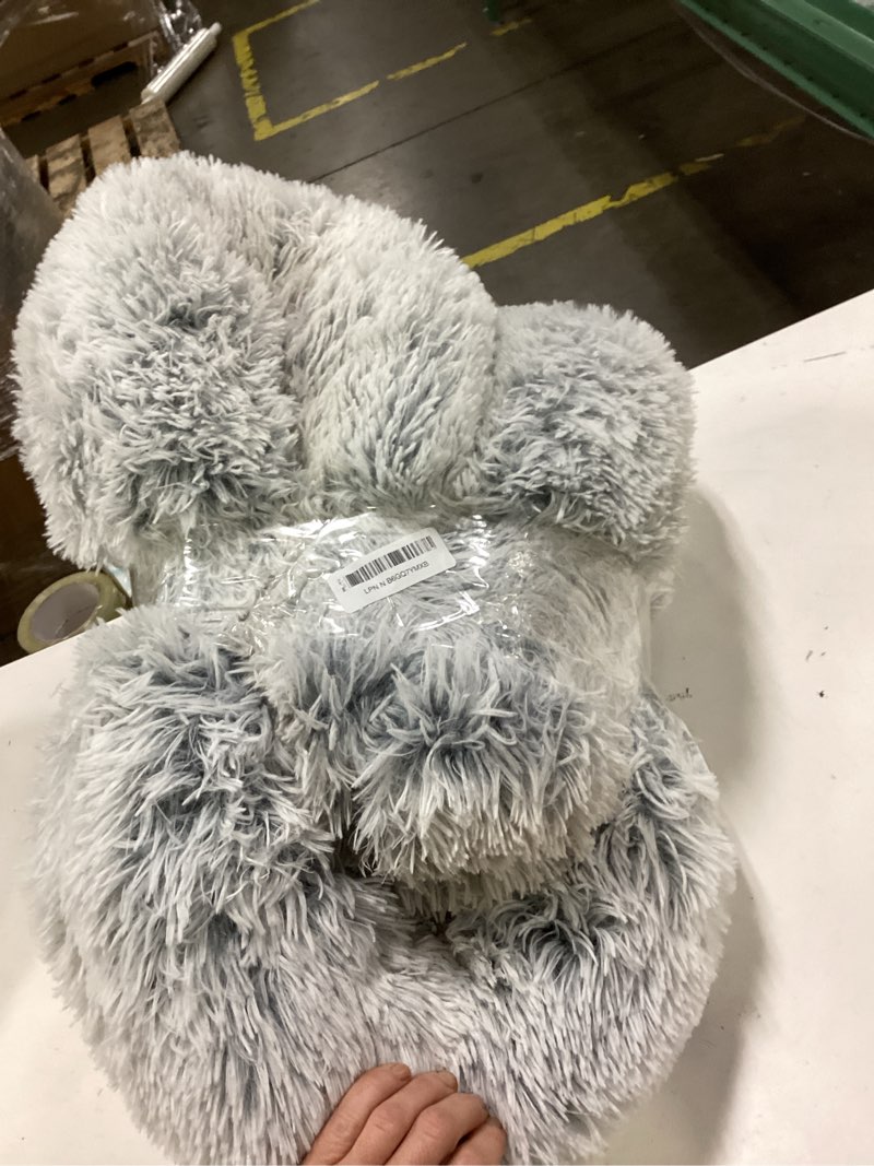 Condition photo showing As Is for calming dog bed & cat bed, anti-anxiety donut dog cuddler bed, warming cozy soft dog round bed, fluffy faux fur plush dog cat cushion bed for small medium dogs and cats (20"/24"/27"/30") 36.0"l x 36.0"w x 8.0"th light grey