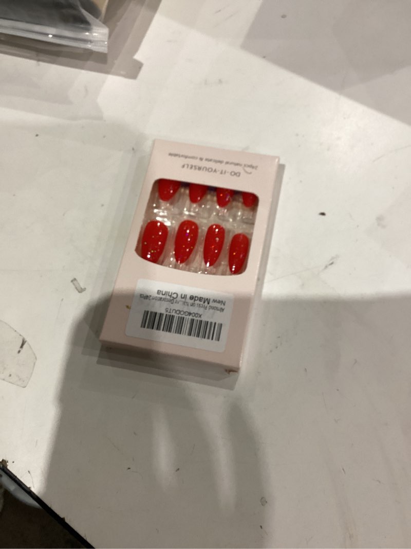 Condition photo showing As Is for Almond Press on Nails Medium Fake Nails Red False Nails with Glitter Design Xmas Acrylic Nails Artificial Full Cover Glue on Nail Glossy Stick on Nail for Women Manicure Decoration 24Pcs