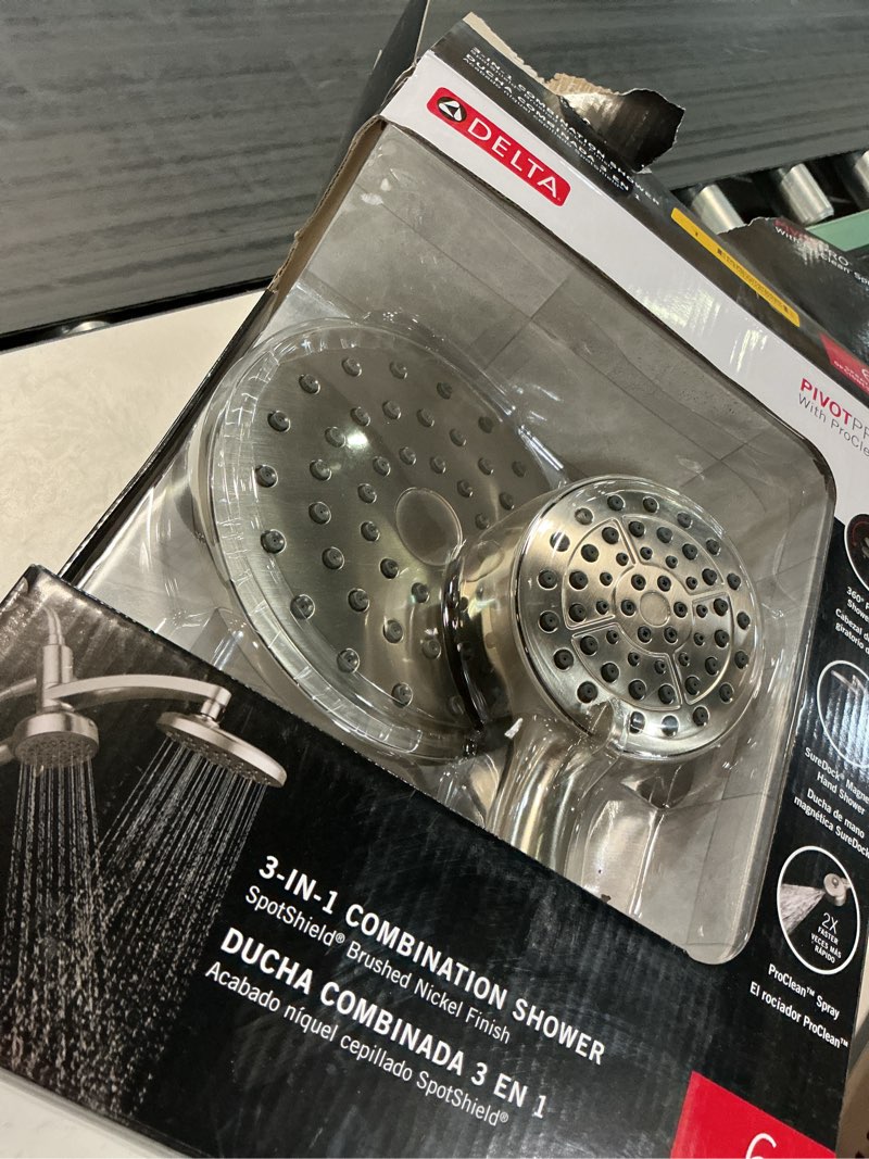 Condition photo showing Good Condition for delta pivotpro 6 -spray spotshield brushed nickel 7-in round rain shower head with handheld