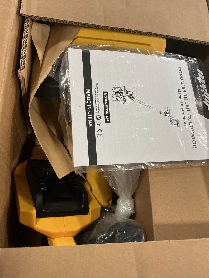 Condition photo showing Good Condition for cordless brushless garden tiller cultivator compatible with dewalt 20v battery (tool only), 10’’ wide 7’’ deep electric soil rototiller, 48-tine mini rotary tiller for garden beds & soil preparation yellow-no battery