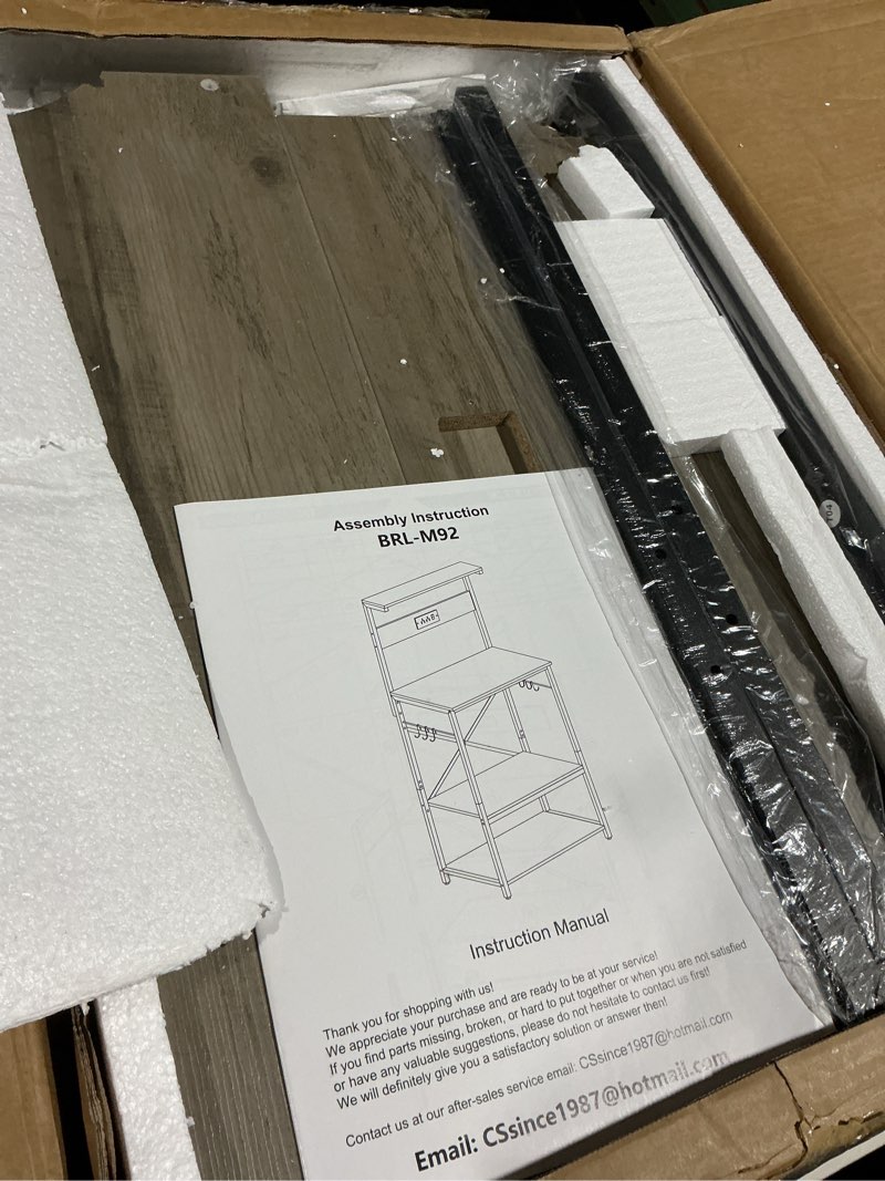 Condition photo showing As Is for Shintenchi Bakers Rack with Power Outlet, Kitchen Organizers and Storage with 6 Hooks, Microwave Oven Stand, Kitchen Shelf for Spice, Coffee Station, Coffee Bar Table (Gray) Grey 23.6inch with Power Outlet