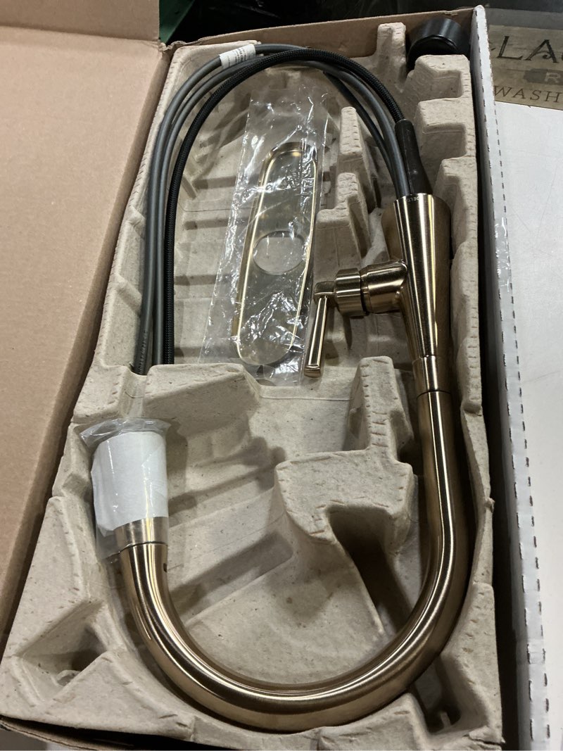 Condition photo showing Good Condition for delta boyd brushed gold kitchen faucet with pull down sprayer and soap dispenser, modern single hole kitchen sink faucet, single handle, champagne bronze 19893z-czsd-dst