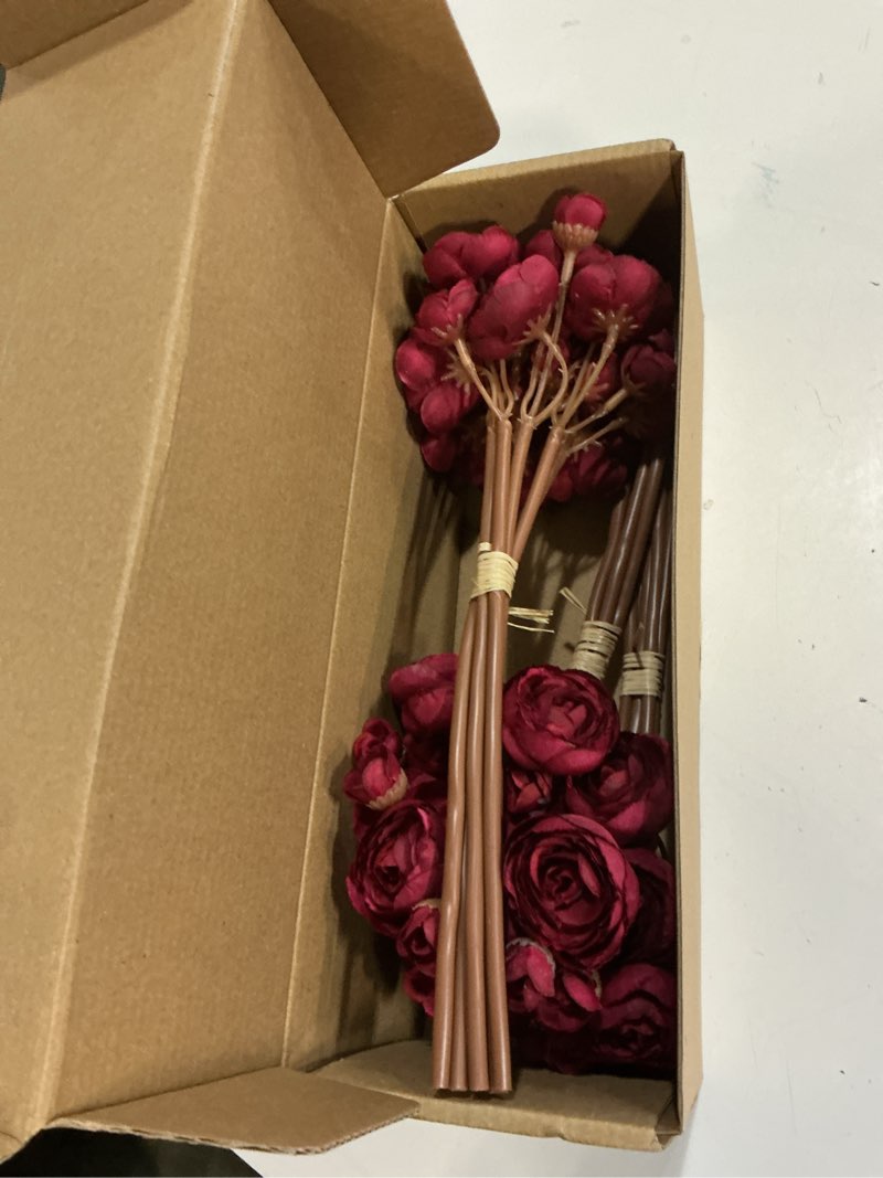 Condition photo showing Good Condition for floroom ranunculus artificial flowers 18 pcs burgundy faux silk mini ranunculus bulk fake wedding filler flowers for diy red bouquets, centerpieces, bridal shower decorations & arrangements