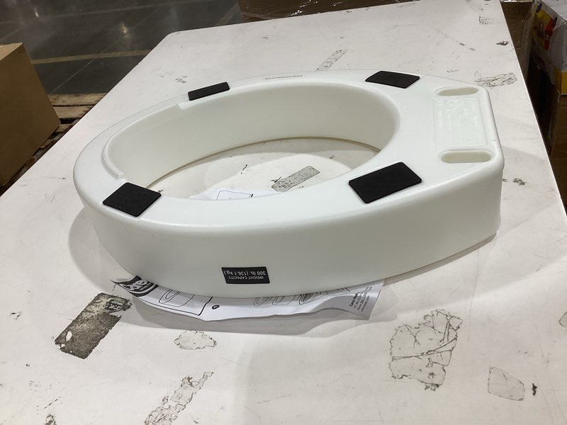Condition photo showing As Is for carex toilet seat riser, elongated raised toilet seat adds 3.5 inches to toilet height, for assistance bending or sitting, 300 pound weight capacity toilet riser