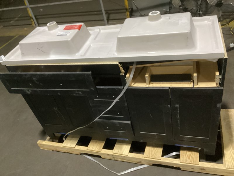 Condition photo showing As Is for ariel hamlet 73-in black undermount double sink bathroom vanity with pure white quartz quartz