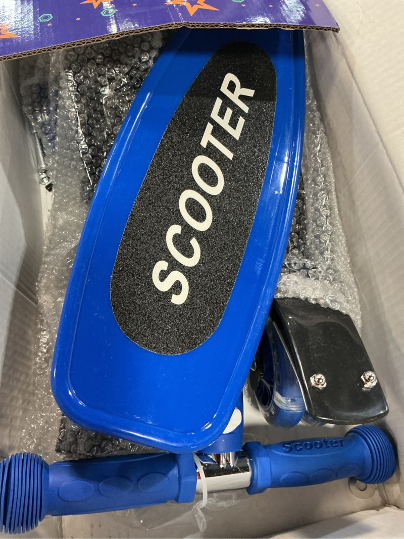Condition photo showing As Is for foldable kids scooter with lean-to-steer technology, led light-up wheels, and quick-adjust handlebar – ideal outdoor gift for ages 3/4/5/6/7 blue?upgraded?