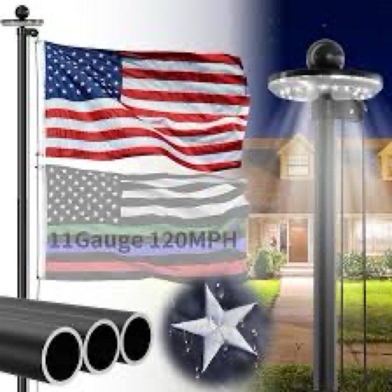 25FT Heavy Duty Flag Pole with Solar Light for Outside House, Thickened 12-Gauge 50 KSI / 100 HBW Hi
