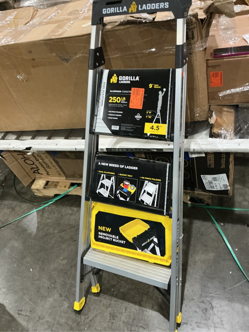 Condition photo showing Good Condition for 4 .5 ft. aluminum dual platform step ladder with project bucket ( 9 ft. reach ), 250 lbs. capacity type i duty rating