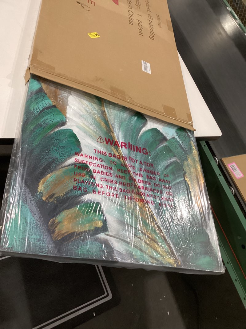 Condition photo showing Good Condition for Boieesen Art,24x48Inch Hand-Painted Abstract Banana Leaf Oil Painting Green leaves Wall Art Tropical Style Artwork White Gold Acrylic Canvas Painting Wood Inside Framed Ready to Hang