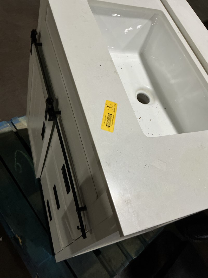 Condition photo showing As Is for 100+ bought last week style selections morriston 30-in light natural oak undermount single sink bathroom vanity 