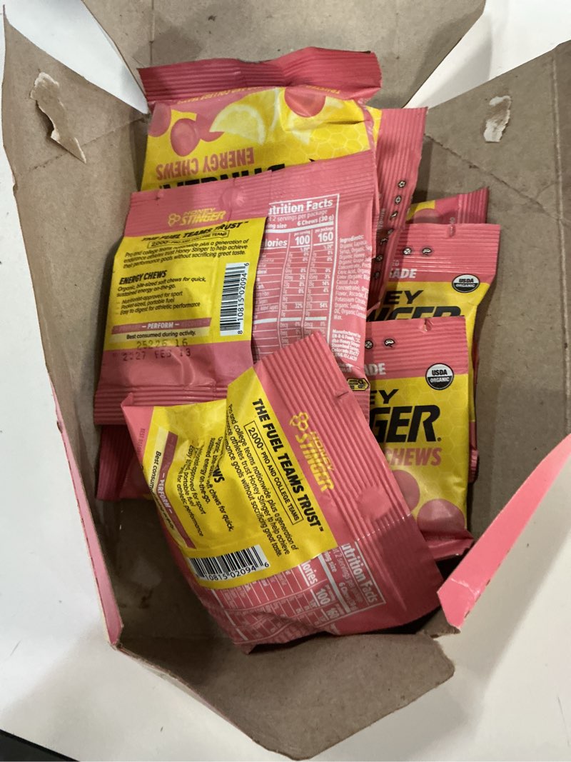 Condition photo showing New/Like New for Honey Stinger Organic Pink Lemonade Energy Chew | Gluten  best by: 13 Feb 2027 Free & Caffeine Free | for Exercise, Running and Performance | Sports Nutrition for Home & Gym, Pre and Mid Workout | 12 Pack, 21.6 Ounce Pink Lemonade 1.8 Ounce (Pack of 12)