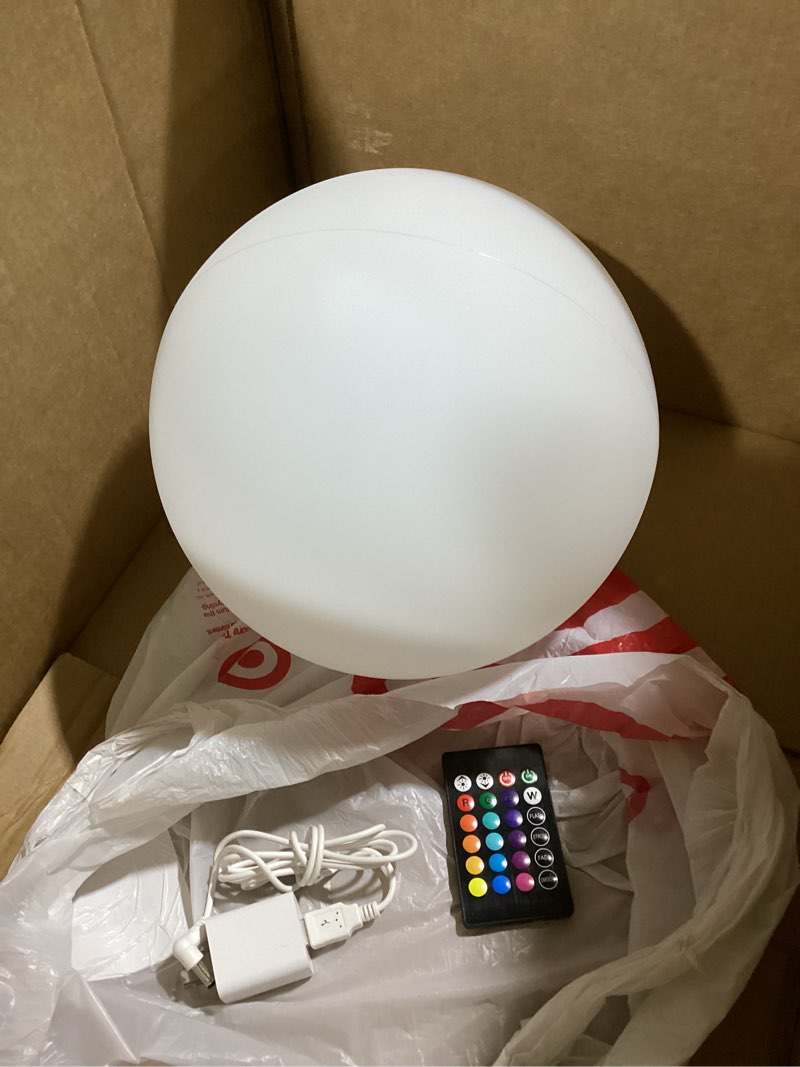 Condition photo showing As Is for 10 inch rechargeable led ball light, dimmable led globe light w/remote, 16 rgb colors changing leds globe mood lights, ip65 waterproof floor lamp for backyard patio garden wedding party home